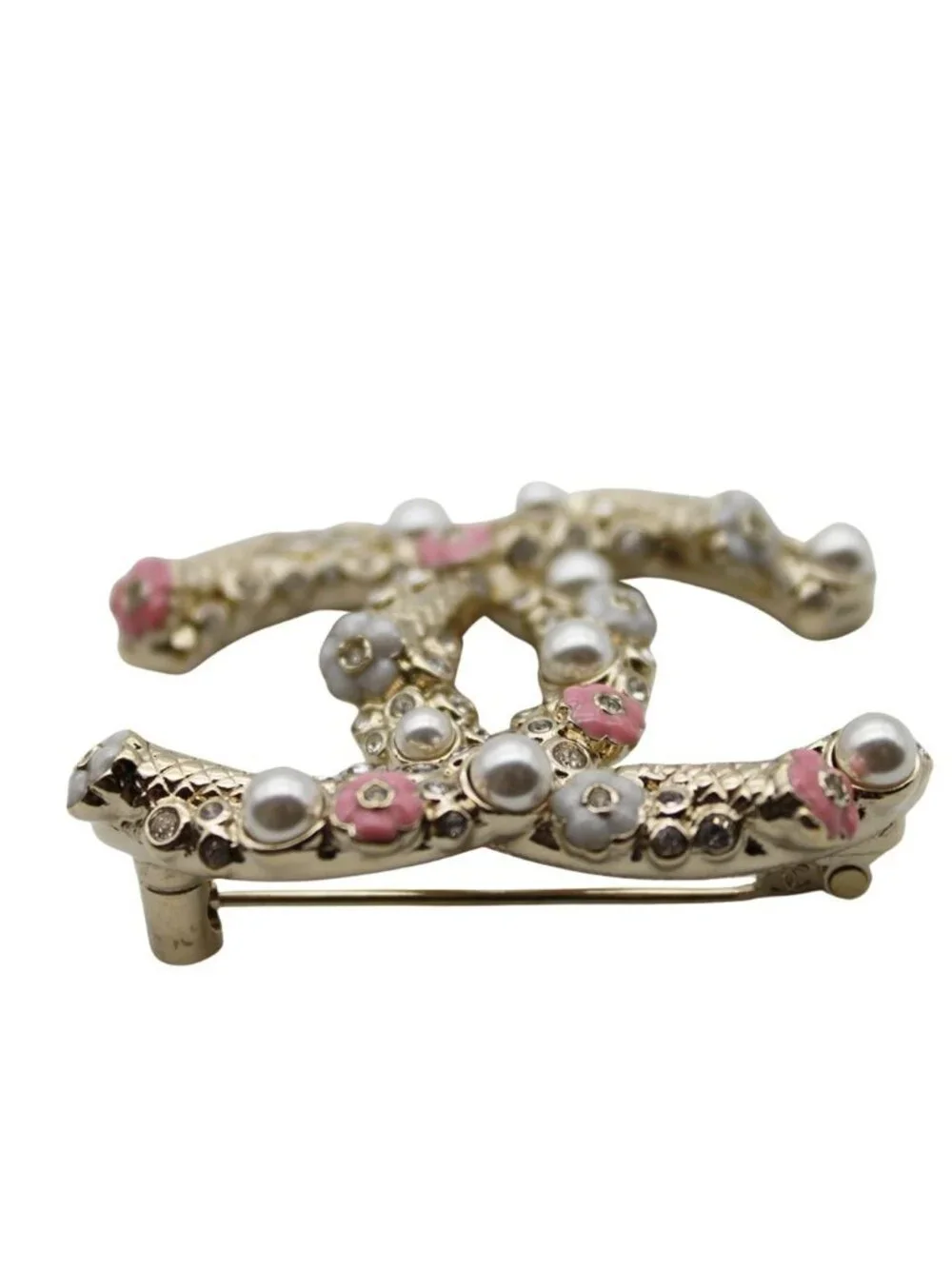 Chanel Brooch Metal Rhinestone CC Logo Gold Pink Pearl Flower